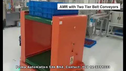 AMR with two tier belt conveyor for loading and unloading item automatically.