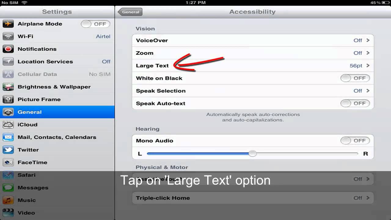 Change & enlarge text size on iPad screen - YouTube