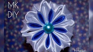 Снежинка канзаши из атласной ленты/ Двухцветный лепесток/ Snowflake kanzashi satin ribbon DIY