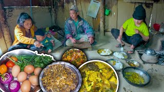 Dried Mustard (RAYO) and Egg dish and rice eating in village kitchen || Gundruk Anda Recipe mukbang