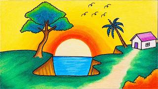 Easy Scenery Drawing | How To Draw Summer Sunset Scenery _ Oil Pastel Drawing