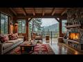 A Peaceful Rainy Cabin Scene | Soft Jazz, Fireplace Light and Forest Views