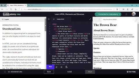 HTML Codecademy part 5 (unordered lists & ordered lists)- read aloud- from microsoft edge browser