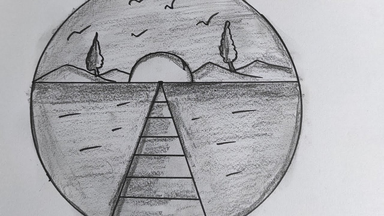 How to draw sunset circle drawing. Very easy sunset bridge drawing ...