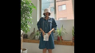 15723170-口袋不對稱可拆灰帽長版牛仔襯衫外套