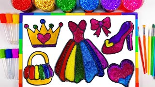 Rainbow Glitter Painting- Princess shoes dress crown- Dibujo brillo para princesas