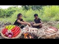 Squid pork spicy grilled on the rock for dinner - Survival cooking in forest