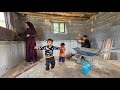 The creativity of village life painting the building with tiles and cooking eggplant stuffing stew