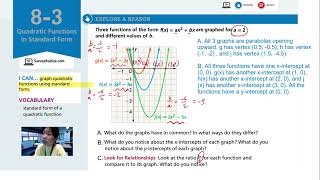 EnVision Algebra 1 Lesson 8-3: Quadratic Functions in Standard Form