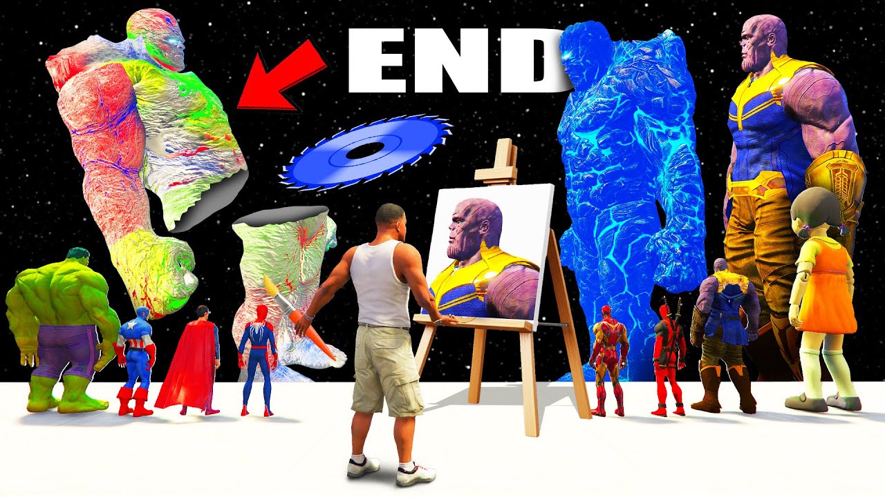 GTA 5 | SHINCHAN, FRANKLIN, SUPERHEROS, THANOS & ICE GOD VS COLORFUL GOD END GAME | MAGICAL PAINT