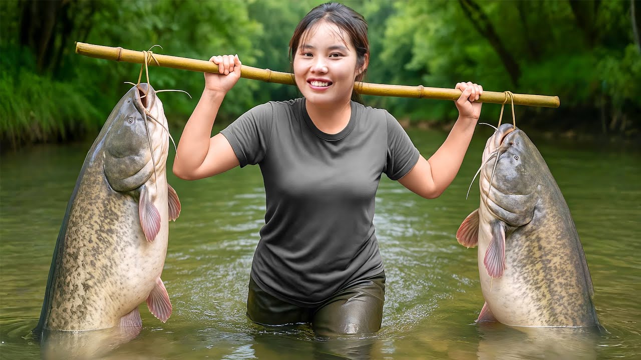 Hand-catching 2000+ giant river catfish & wild carp to sell at the fish market, cooking for family