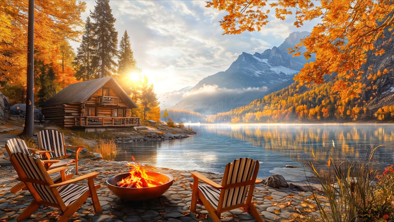 Autumn Lakeside Serenity with Nature Sounds. Crackling Cozy Fire Pit ...