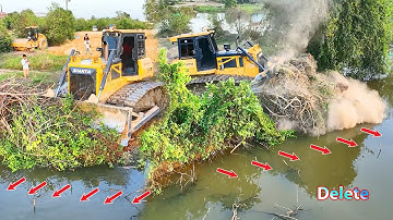 Bulldozer SHANTUI Clearing Land And Fores Tree With DumpTruck TRAGO DONGFENG HYUNDAI 25TON Unloading