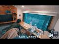 [Car camping in heavy rain] Scary! The alarm siren rings out. Camping by the river. truck camper