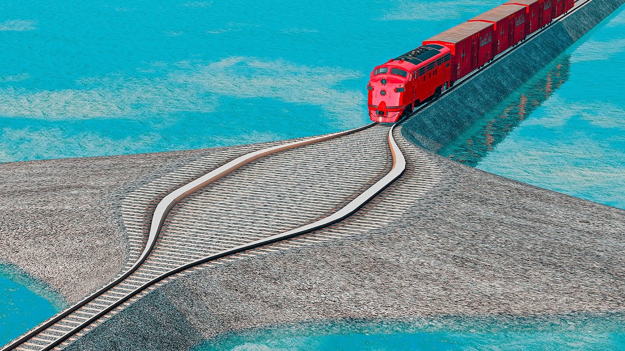 Colorful Train vs Double Train vs Wide Impossible Weird Rail Track Crossing Deepwater | BeamNG.drive