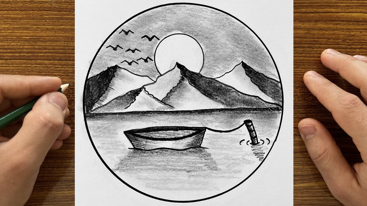 How to Draw Beautiful Mountain Scenery, Mountain and Lake Sketch Drawing, Drawing Tutorials