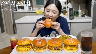 Real Mukbang:) Super simple homemade double cheeseburger \u0026 Coke