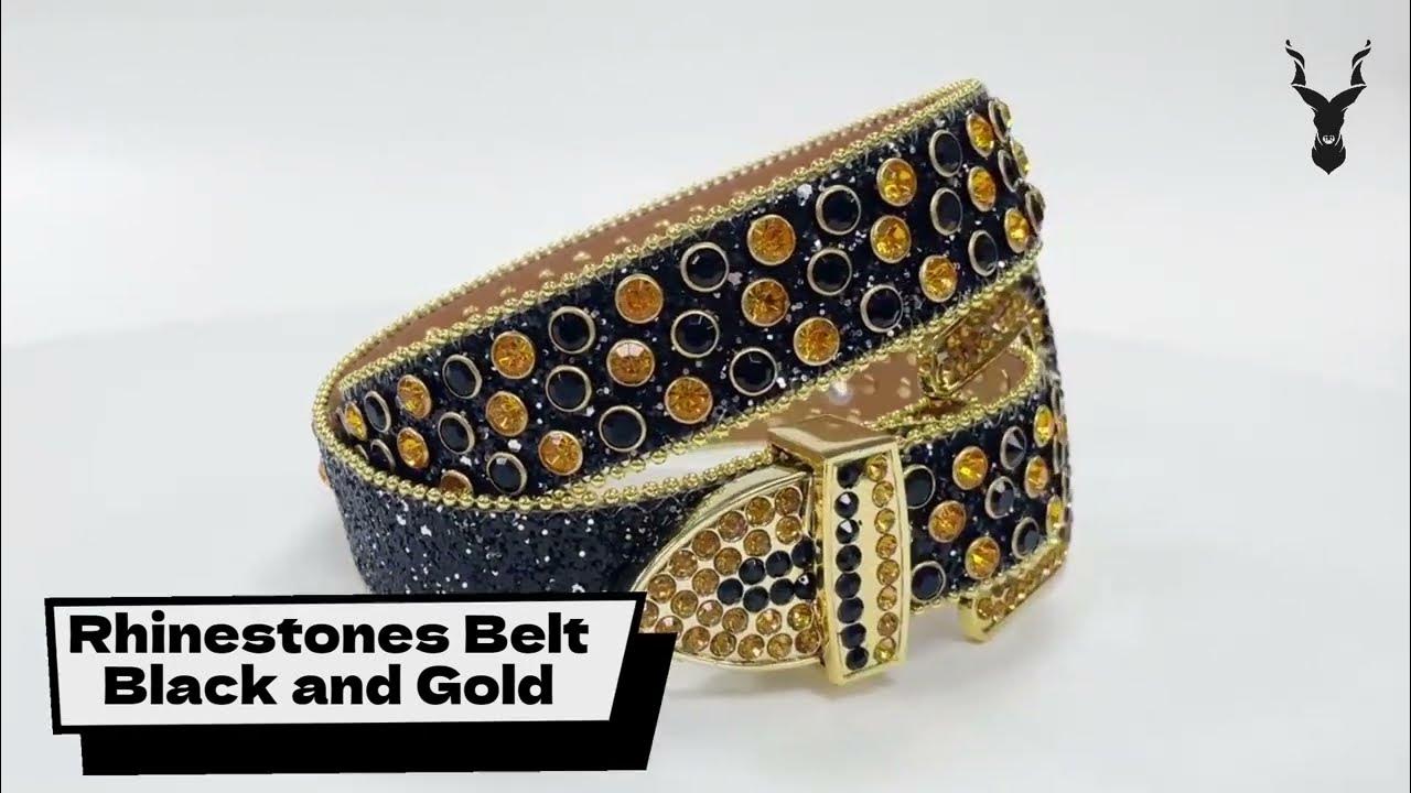 Rhinestones Leather Belt Black and Gold ‐ Markhor Wear 