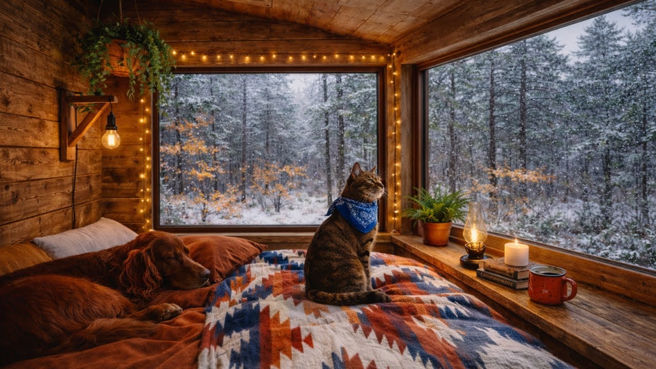 ❄️ Winter Cabin Relaxation 🔥 | Cat Purring by the Window 🐱 & Sleeping Dog 🐶 | 2H Calming Ambience