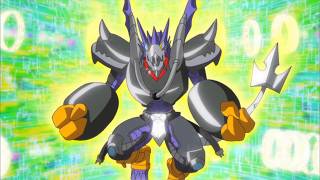 Arresterdramon and MetalTyrannomon Digifuse to XrosUpArresterdramon (MT) - Digimon Xros Wars [2011]