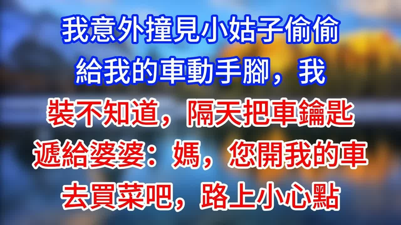 【完結】我意外撞見小姑子偷偷給我的車動手腳，我裝不知道，隔天把車鑰匙遞給婆婆：媽，您開我的車去買菜吧，路上小心點