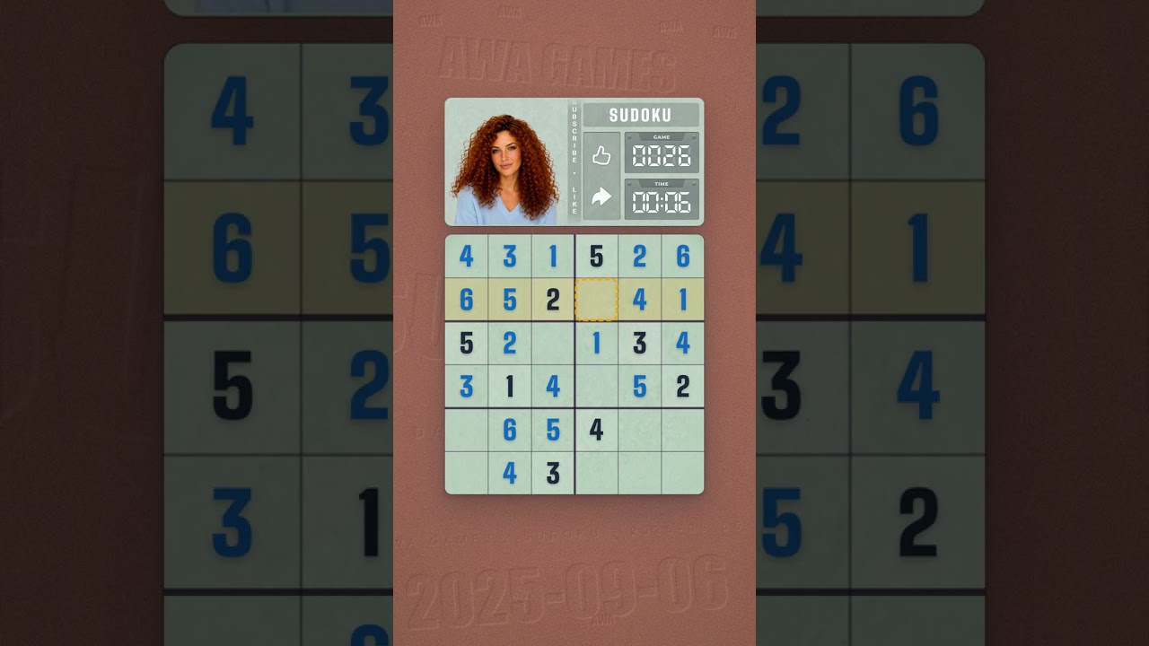 LinkedIn Mini Sudoku #26 solved board for September 6, 2025, 6x6 grid