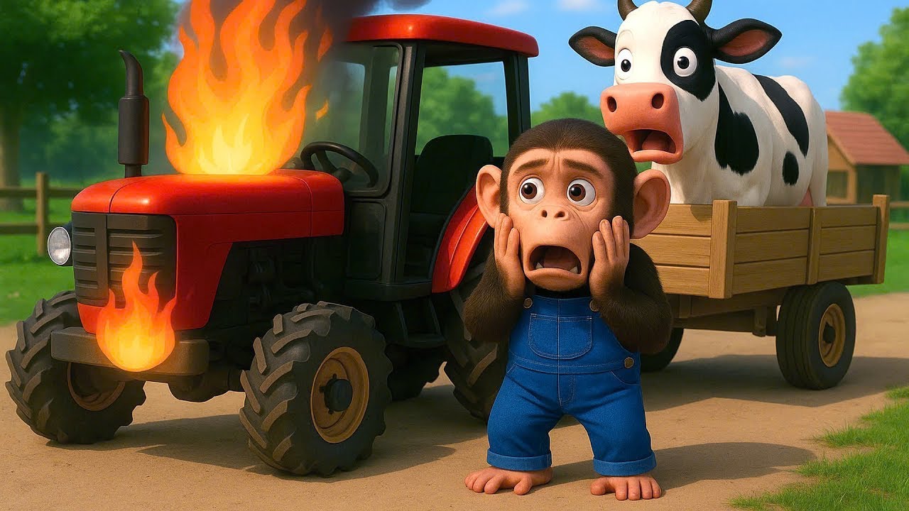 Tractor Fire, Heroic Monkey Farmer Rescues The Cow From Danger - Farm Work With Cobby Monkey