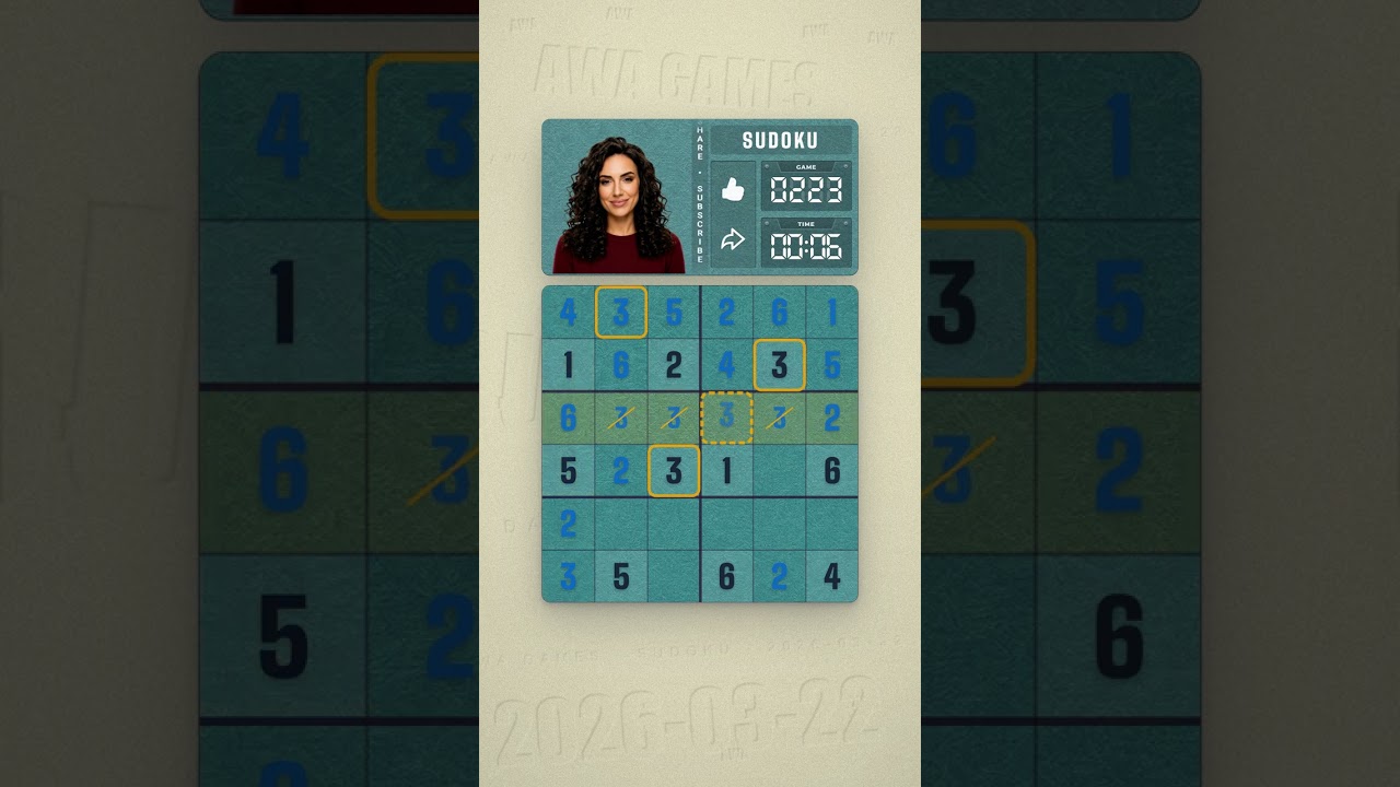 LinkedIn Mini Sudoku #223 solved board for March 22, 2026, 6x6 grid