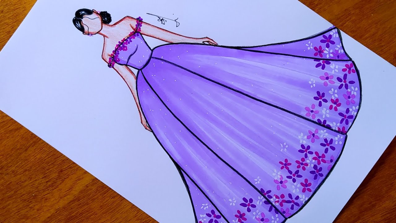 رسم فستان سهرة مزين بالورود سهل جدا للمبتدئين 💜 | رسم فساتين | فساتين سهرة