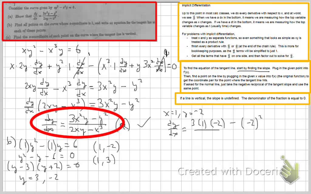 Ap Calculus Consider Curve Given By Xy 2 X 3 Y 6 Find Dy Dx And Tangent Lines Youtube