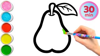 การวาดและระบายสีลูกแพร์และผลไม้อีกแปดชนิดสำหรับเด็ก | เรียนรู้ ผลไม้ #315