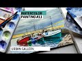 Watercolor painting ideas | Fishing boat harbor | Time Lapse