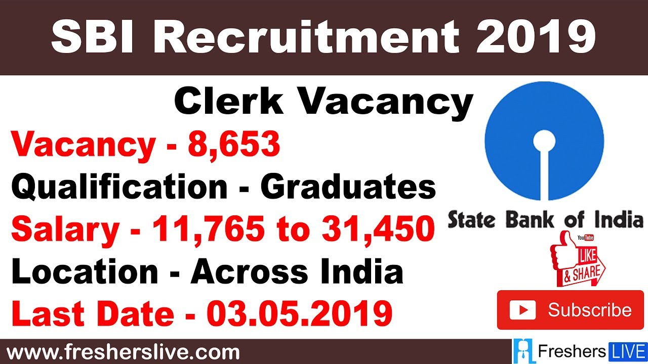 SBI CLERK Recruitment 2019 - 8653 Post - 31,450 Salary - Apply SBI Online
