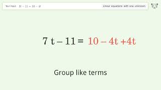 Linear equation with one unknown: Solve 3t-11=10-4t step-by-step solution