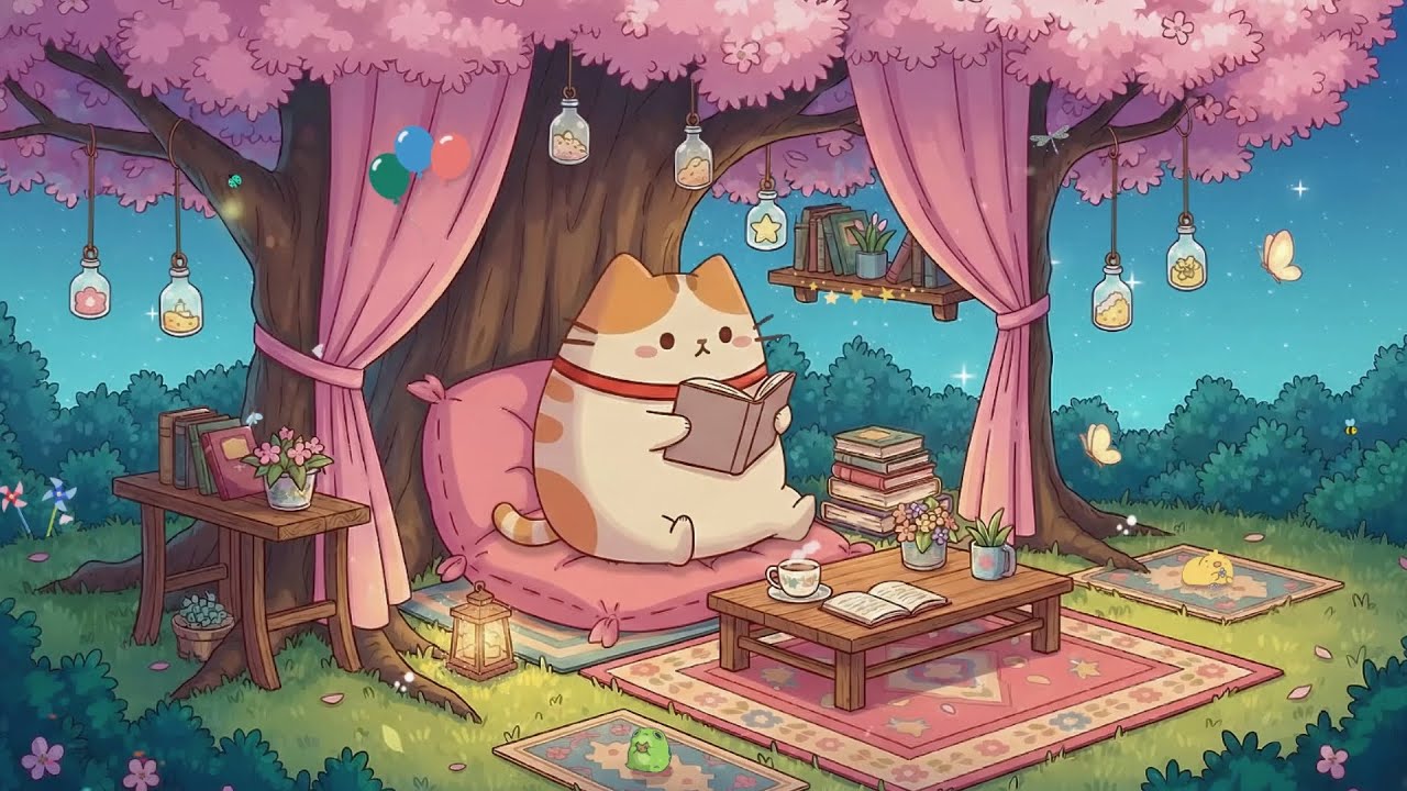 Cloudy's Cat Under the Sakura Tree 🌸 Spring Night Lofi 📖 Relaxing Music to Study