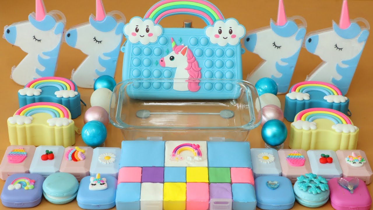 Mixing”Blue Unicorn” Eyeshadow and Makeup,parts,glitter Into Slime!Satisfying Slime Video!★ASMR★