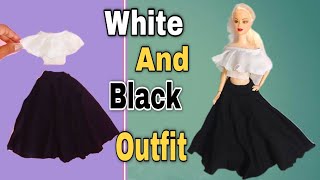 White And Black outfit for Barbie || How To Make Long Skirt Top For Doll || D creating