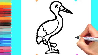 Drawing and coloring of a stork. Как нарисовать аиста. Простой рисунок.