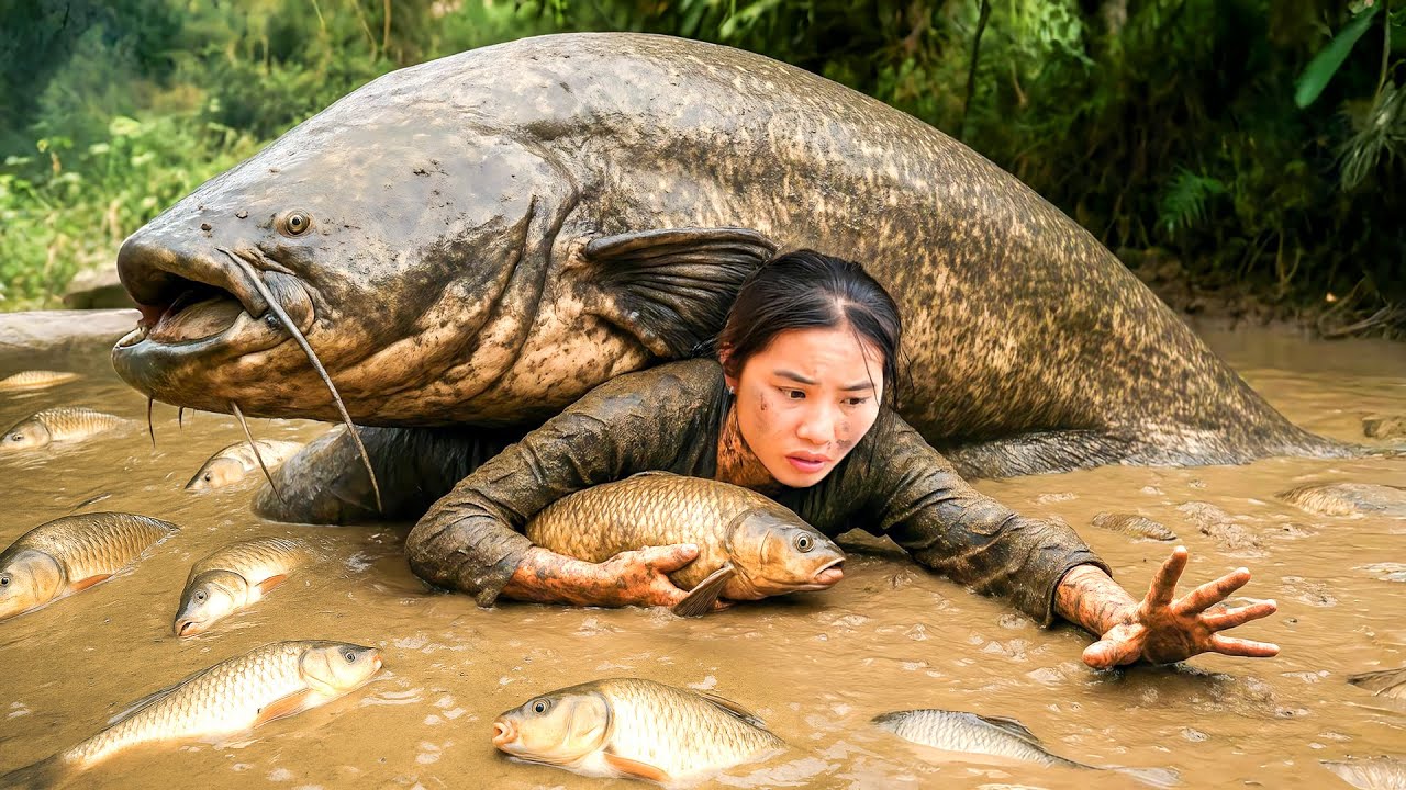 Catching a Monster Grass Carp & Giant Catfish by Hand to Sell at the Fish Market with my Children