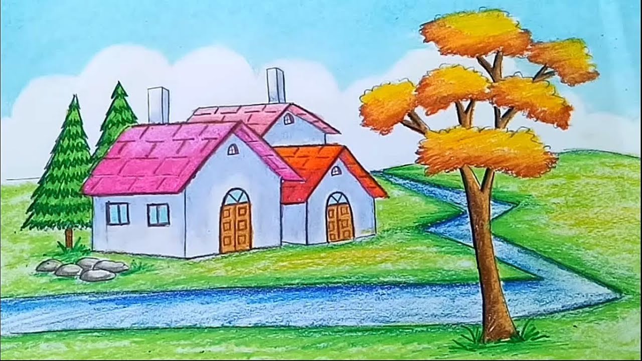 How to draw Landscape || Scenery of beautiful nature || village scenery