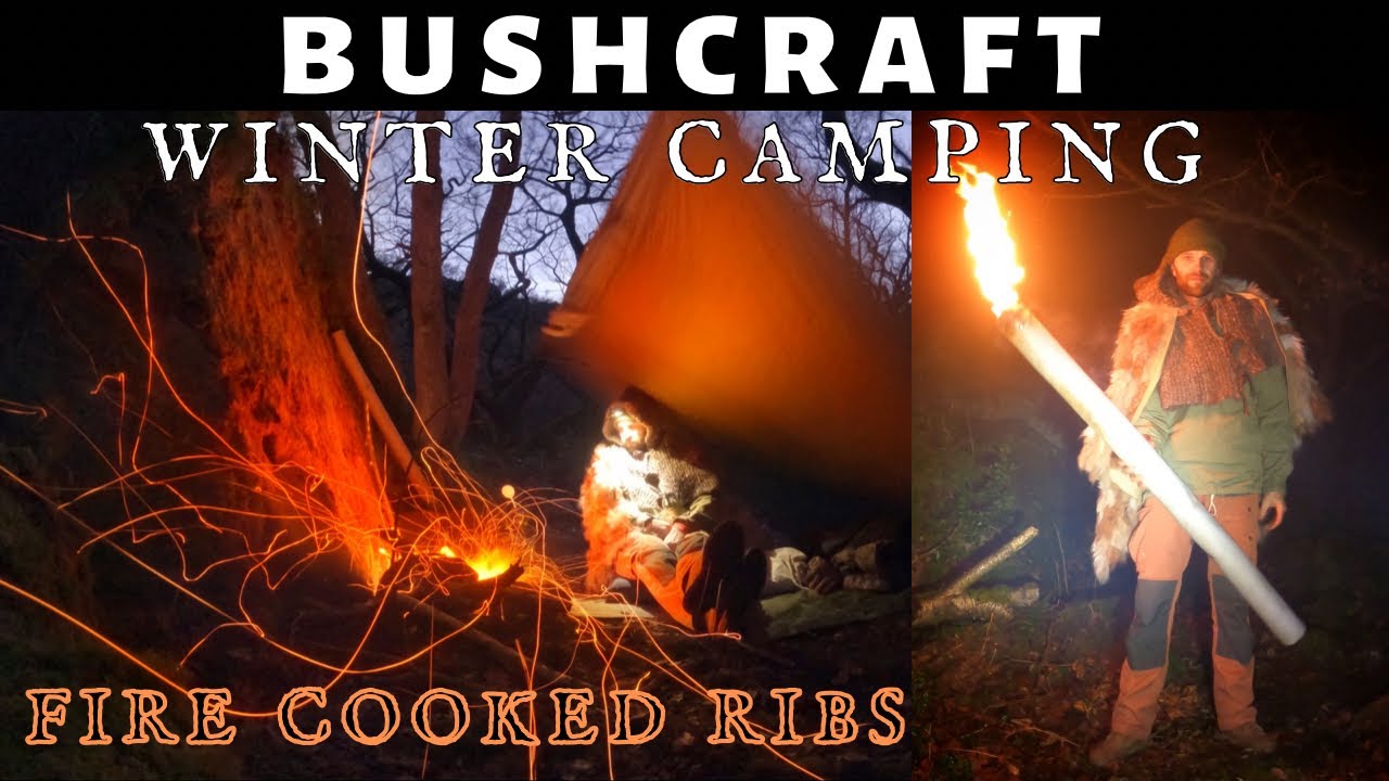 BUSHCRAFT WINTER CAMPING SOLO Fire Cooking Salt and Pepper Ribs Sleeping Under a Tarp with my Dog