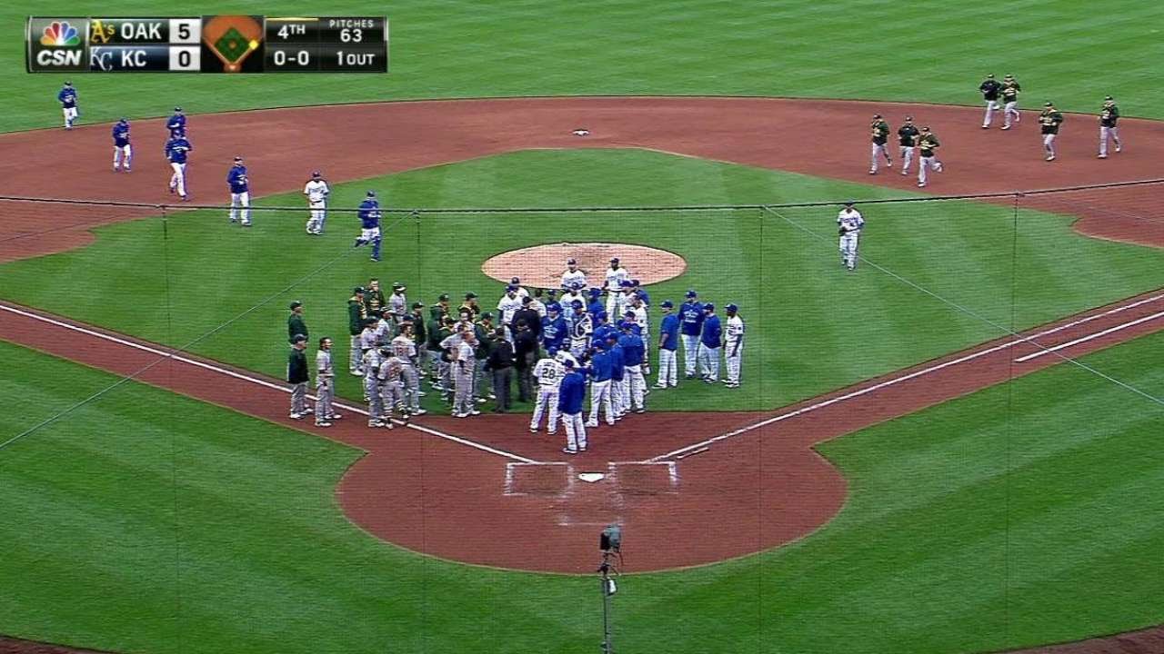 OAK@KC: Ventura ejected after plunking Lawrie