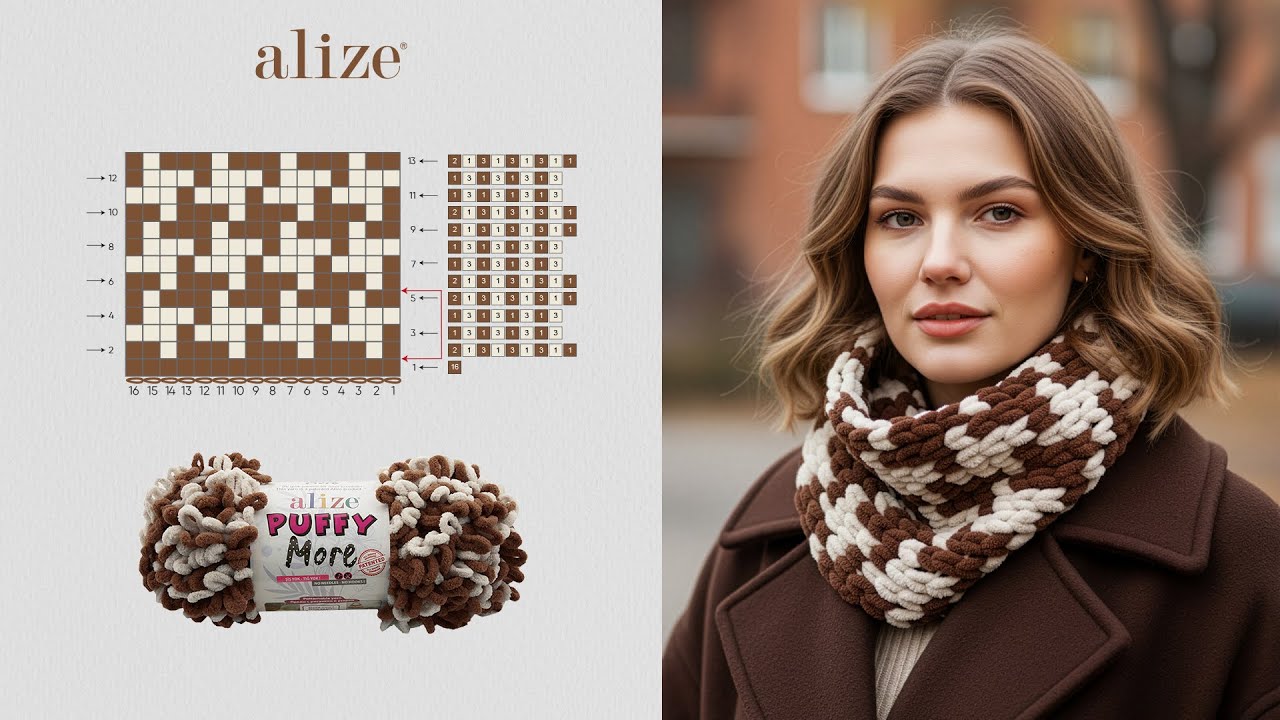 2 Saatte Alize Puffy More ile Kazayağı Desenli Boyunluk (Şiş ve tığ kullanmadan)