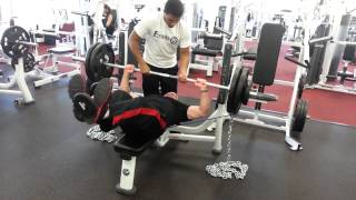 245 bench press with legs out chains and resistance band!