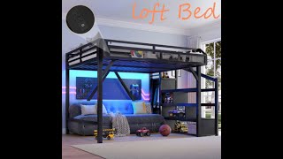 Full Size Loft Bed with Stairs and Wardrobe,with Charging Station, Lights and Bedside Shelf
