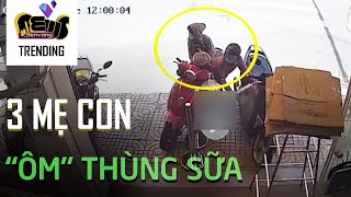 Mẹ chở 2 con gái, 'thó' luôn thùng sữa trên xe máy rồi rời đi