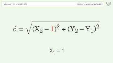 Find the distance between two points p1 (1,-90) and p2 (11,45): Step-by-Step Video Solution