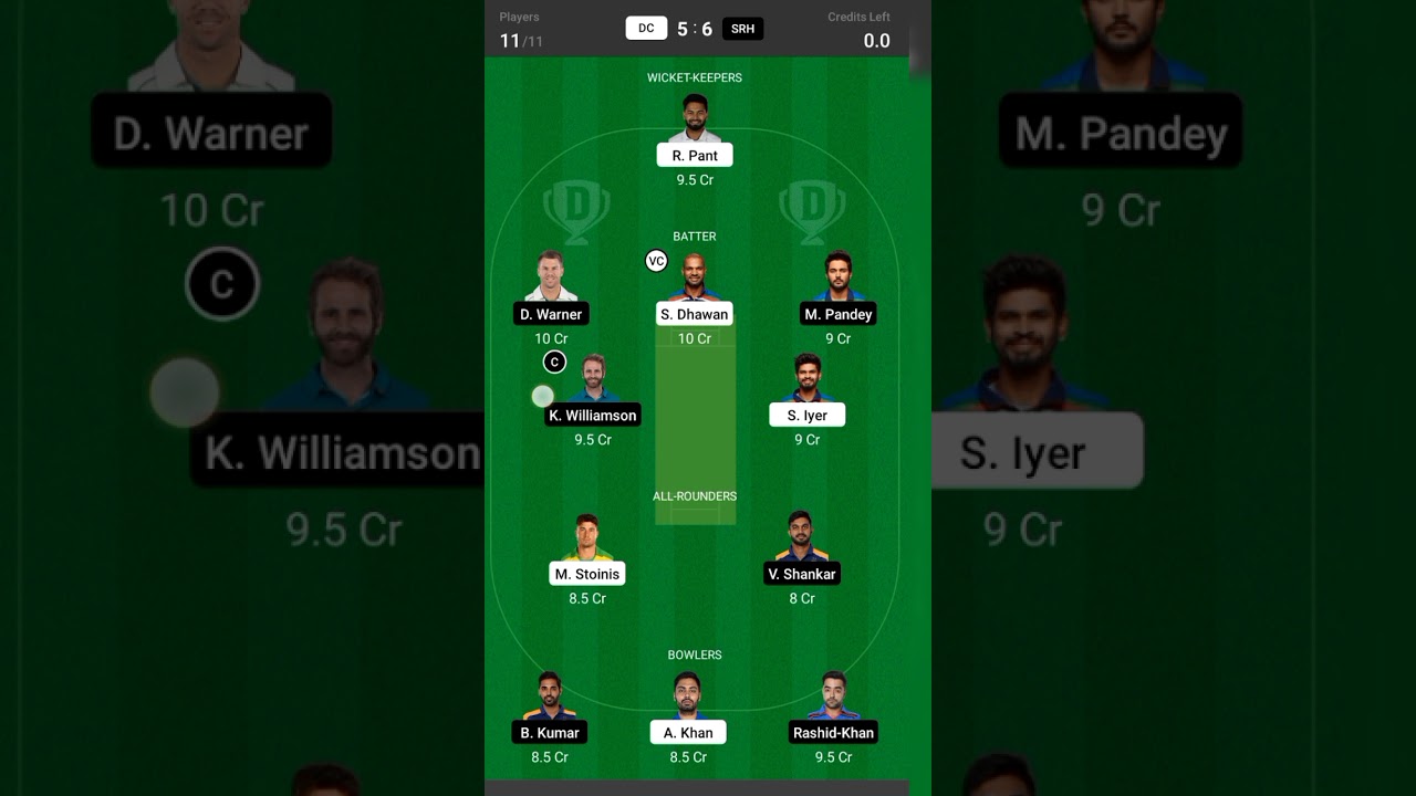 dream 11 team DC vs SRH , DC vs SRH dream 11 team, dream 11 team,dream team 