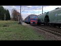 Скрещение БКГ1-007 с грузовым поездом и электропоезда ЭР9Т-678 на о.п. Зелёное.