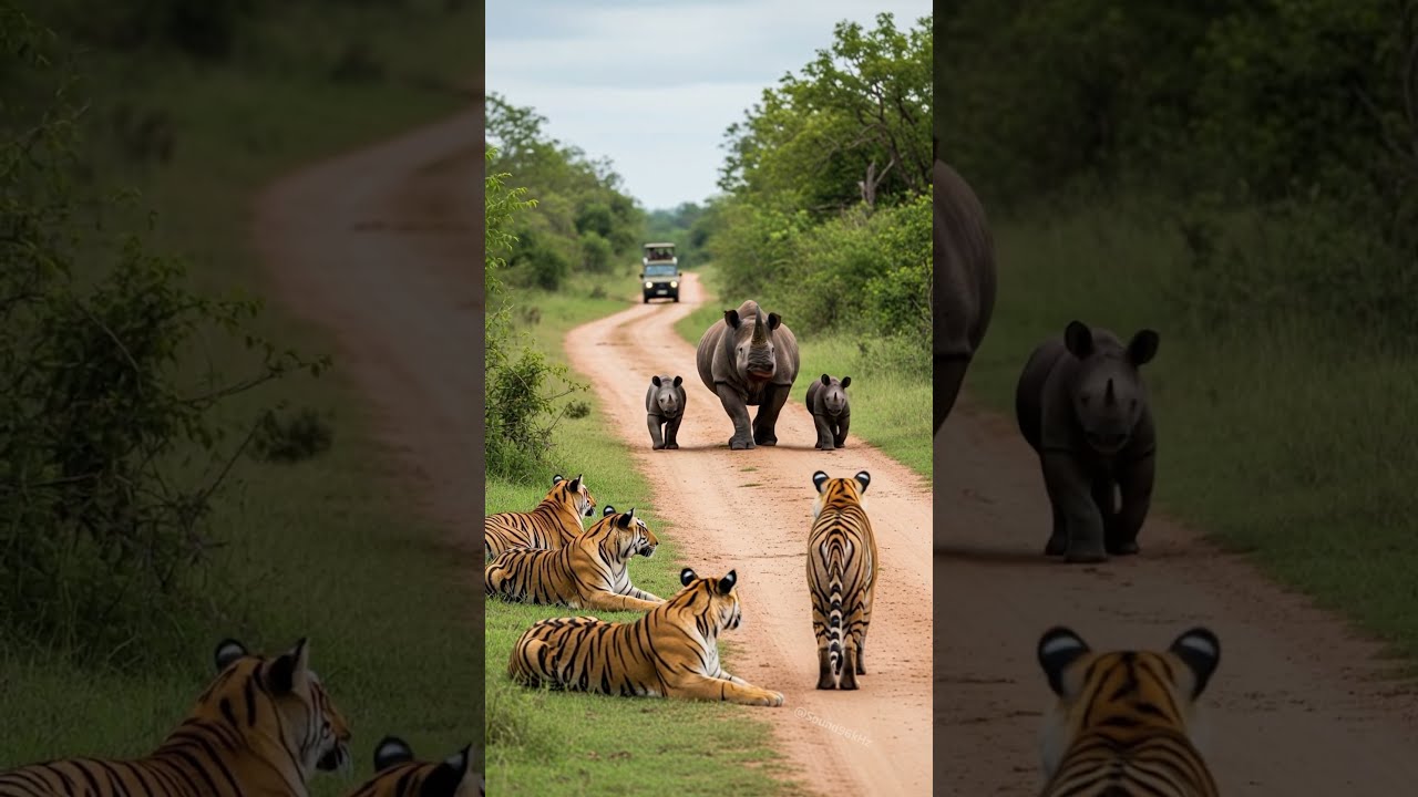 Angry Tiger Sound Rhino Walks Into 4 Tigers But Rhinos Aren T Scared Of The Roar